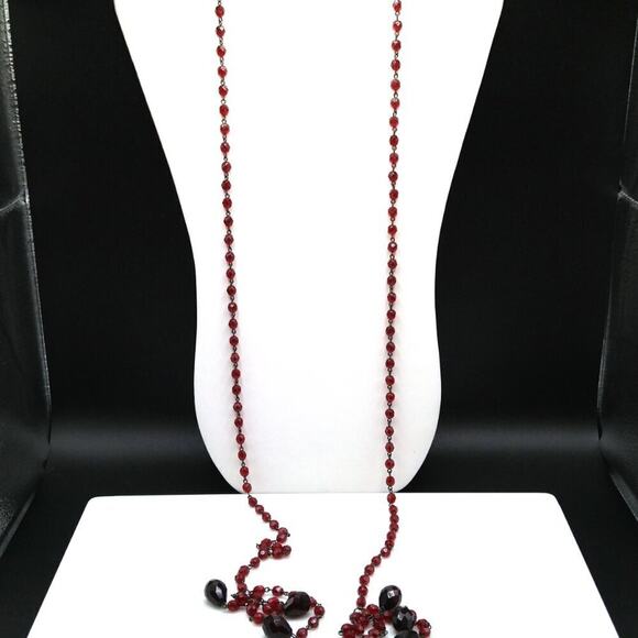 Vintage Red Crystal Necklace, Lydell NYC, Lariat Tassels Black End Pieces, 48 In - Picture 8 of 9
